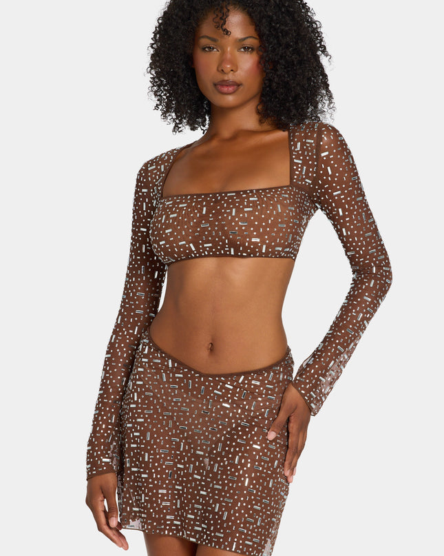 Deep Cocoa Sheer Embellished Long Sleeve Crop Top
