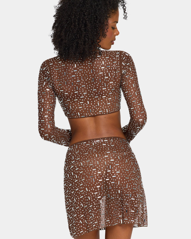 Deep Cocoa Sheer Embellished Long Sleeve Crop Top