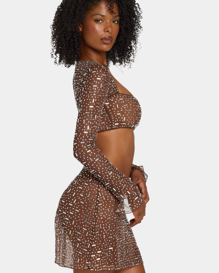 Deep Cocoa Sheer Embellished Long Sleeve Crop Top