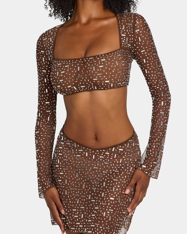 Deep Cocoa Sheer Embellished Long Sleeve Crop Top