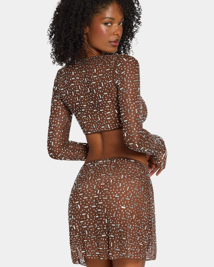 Deep Cocoa Sheer Embellished Long Sleeve Crop Top