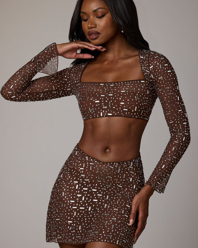 Deep Cocoa Sheer Embellished Long Sleeve Crop Top
