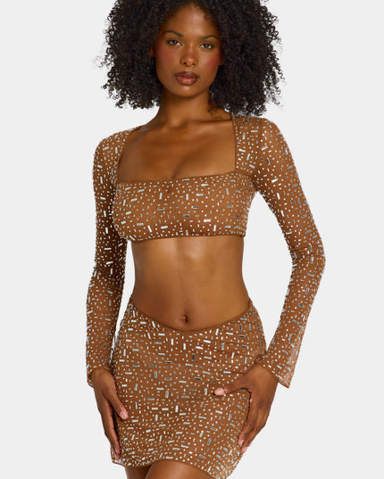 Mocha Sheer Embellished Long Sleeve Crop Top