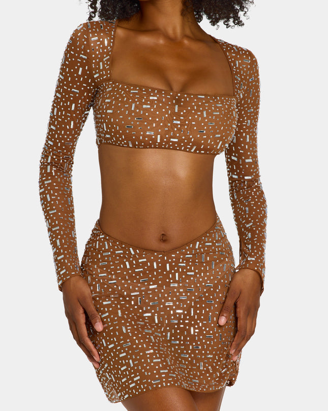 Mocha Sheer Embellished Long Sleeve Crop Top