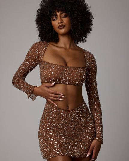 Mocha Sheer Embellished Long Sleeve Crop Top