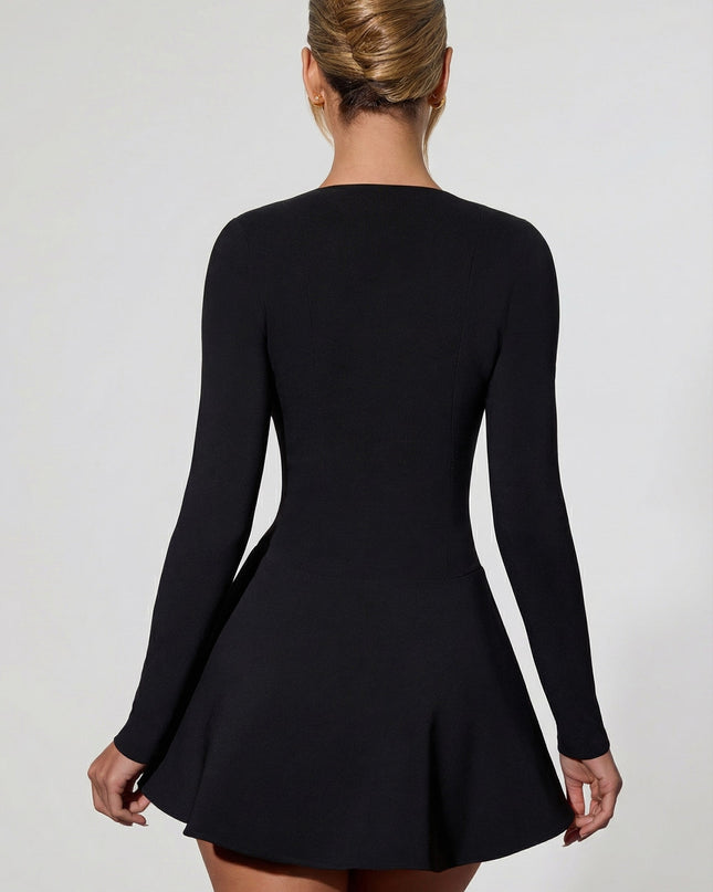 Black Bow-Detail Plunge-Neck A-Line Mini Dress