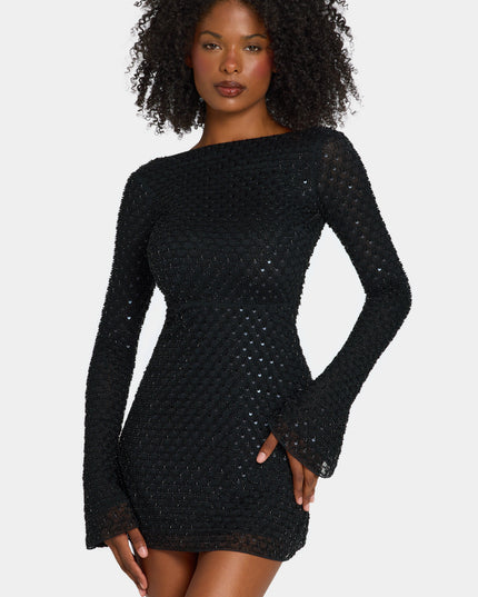 Black Embellished Open-Back A-Line Mini Dress