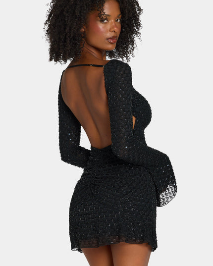 Black Embellished Open-Back A-Line Mini Dress
