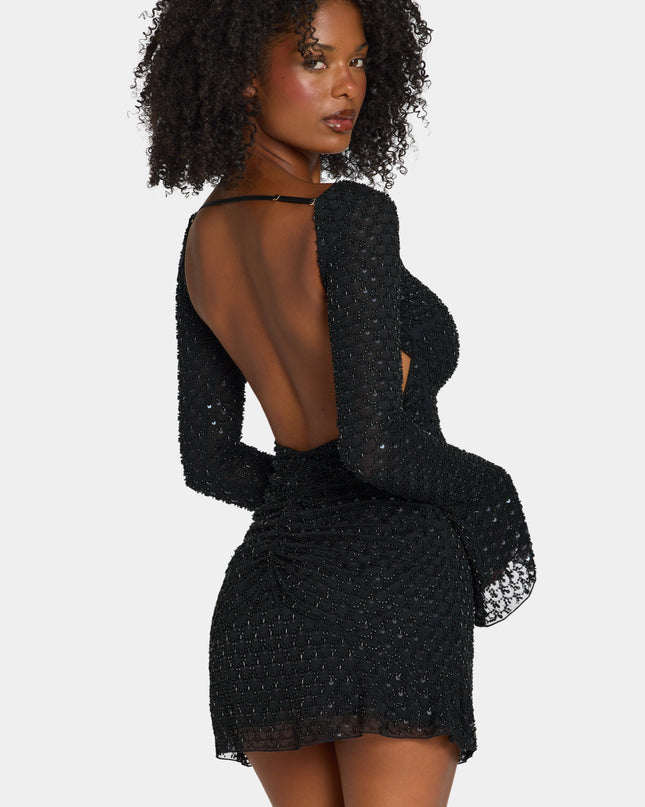 Black Embellished Open-Back A-Line Mini Dress