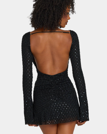 Black Embellished Open-Back A-Line Mini Dress