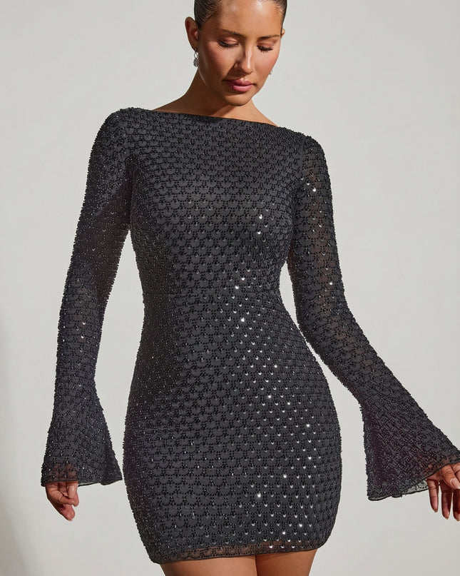 Black Embellished Open-Back A-Line Mini Dress