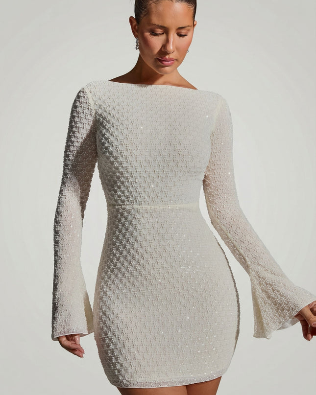 White Embellished Open-Back A-Line Mini Dress