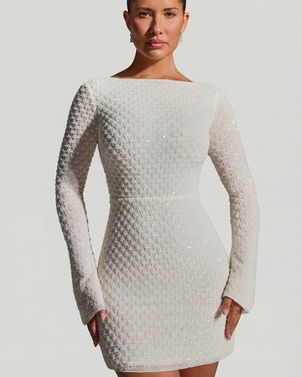 White Embellished Open-Back A-Line Mini Dress