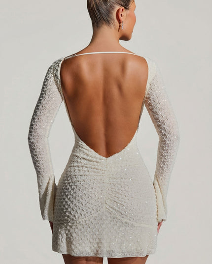 White Embellished Open-Back A-Line Mini Dress
