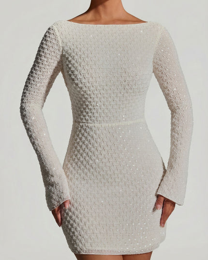 White Embellished Open-Back A-Line Mini Dress