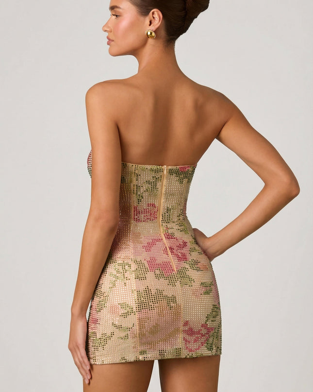 Rose Hotfix Embellished Sweetheart-Neck A-Line Mini Dress