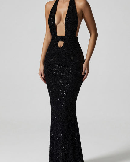Black Embellished Cut-Out Open-Back Midaxi Dress