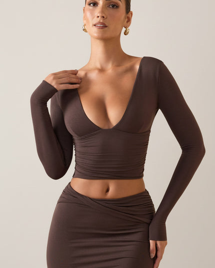 Chocolate Brown Modal Plunge Long-Sleeve Top