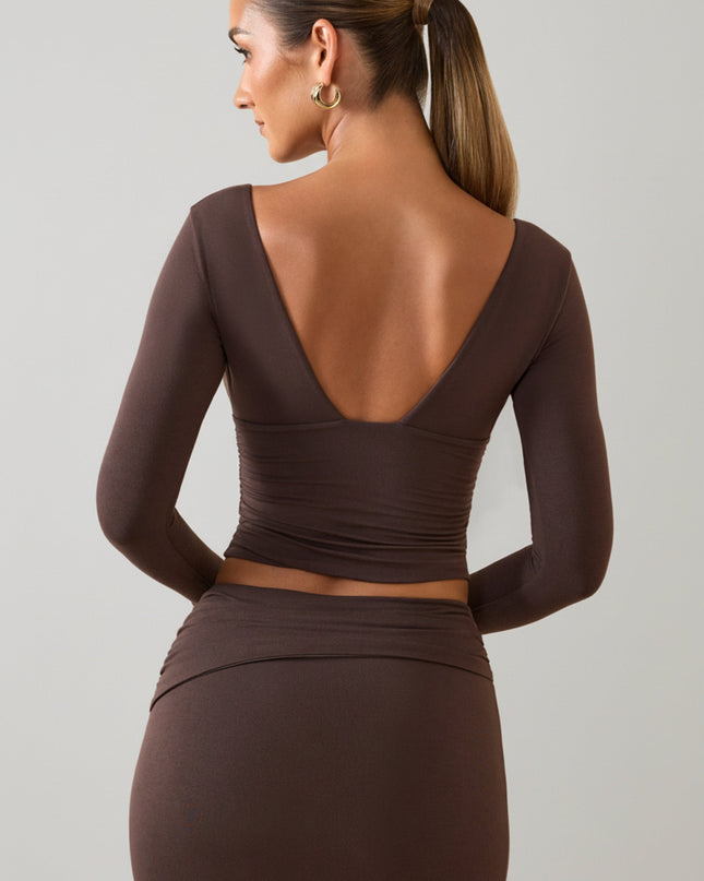 Chocolate Brown Modal Plunge Long-Sleeve Top