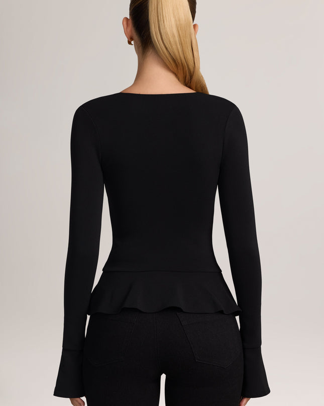 Black Ponte Peplum Long-Sleeve Cardigan