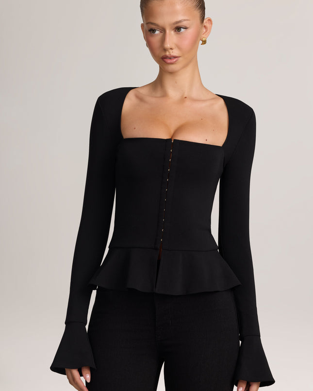 Black Ponte Peplum Long-Sleeve Cardigan