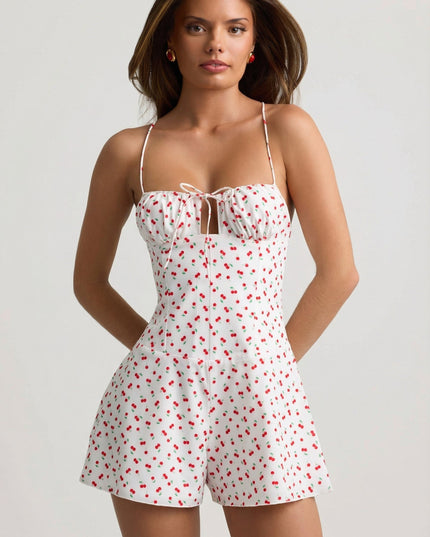 Cherry Print Ruched Backless Playsuit