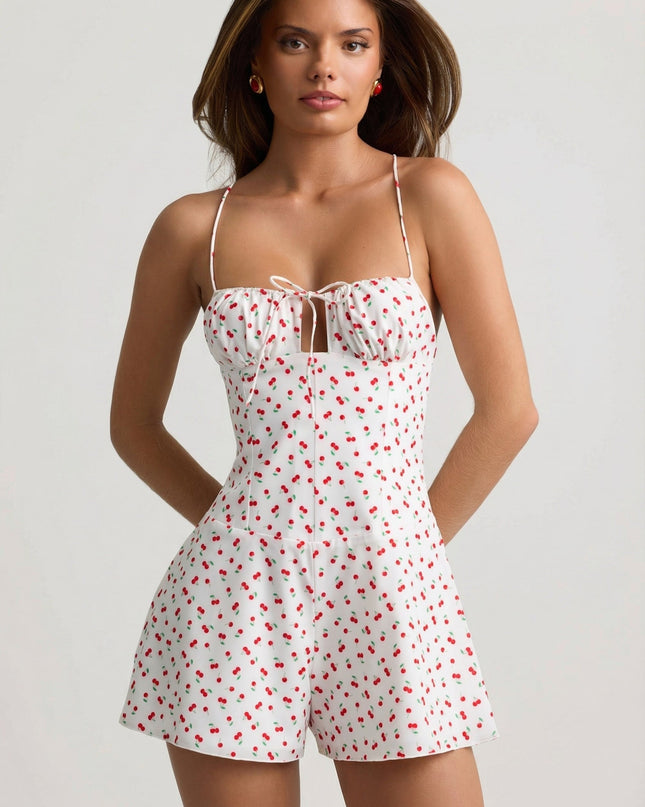 Cherry Print Ruched Backless Playsuit