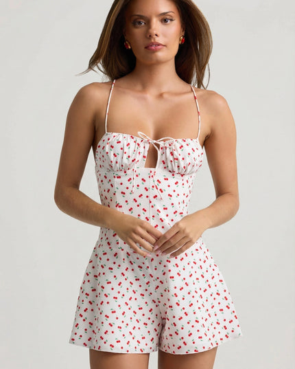 Cherry Print Ruched Backless Playsuit