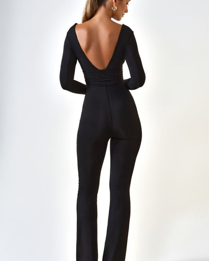 Black Modal Ruched Plunge Flared Jumpsuit