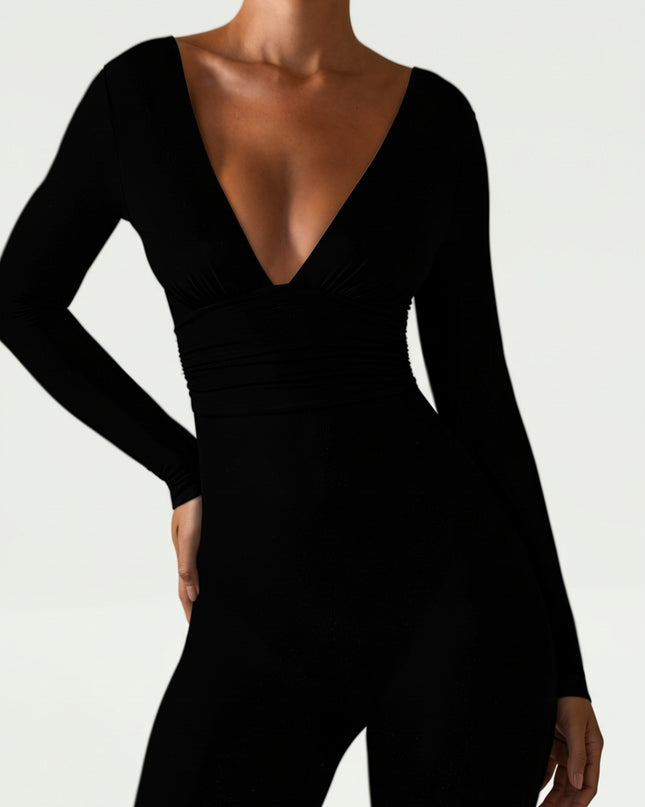 Black Modal Ruched Plunge Flared Jumpsuit
