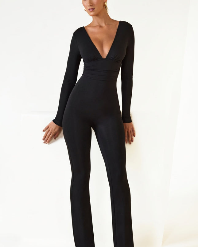 Black Modal Ruched Plunge Flared Jumpsuit
