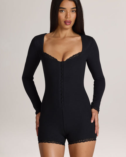 Black Ribbed Modal Lace-Trim Romper