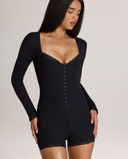 Black Ribbed Modal Lace-Trim Romper