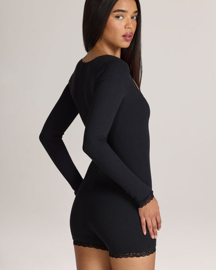 Black Ribbed Modal Lace-Trim Romper