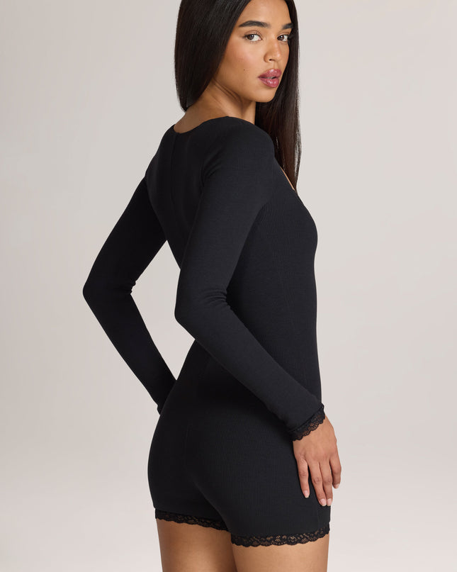 Black Ribbed Modal Lace-Trim Romper