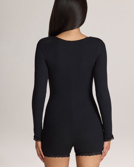 Black Ribbed Modal Lace-Trim Romper