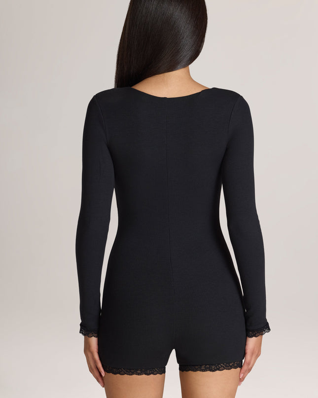 Black Ribbed Modal Lace-Trim Romper