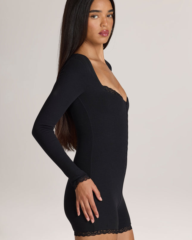 Black Ribbed Modal Lace-Trim Romper