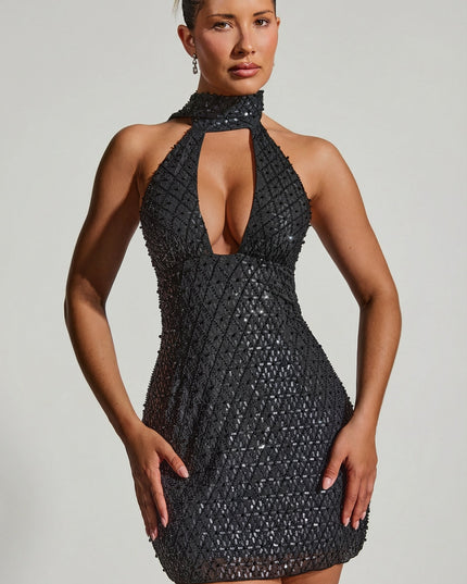 Black Embellished Scarf-Detail Halterneck Mini Dress