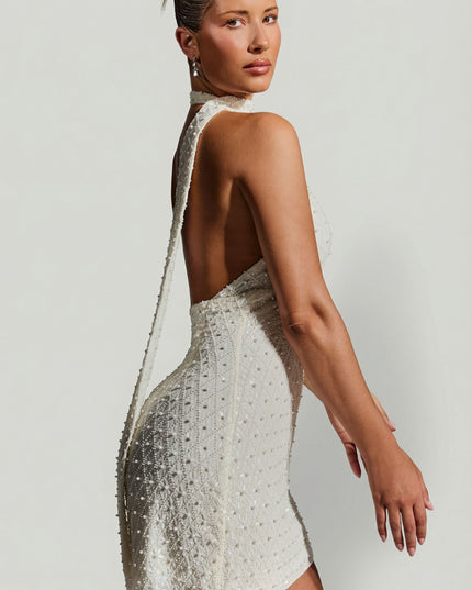 White Embellished Scarf-Detail Halterneck Mini Dress