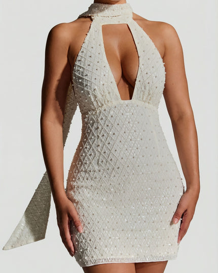 White Embellished Scarf-Detail Halterneck Mini Dress
