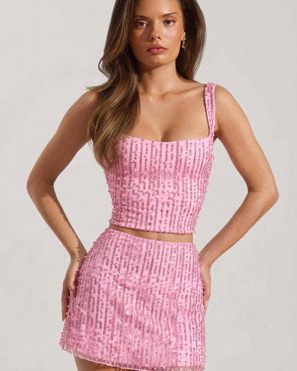 Pink Embellished Low-Rise Mini Skirt