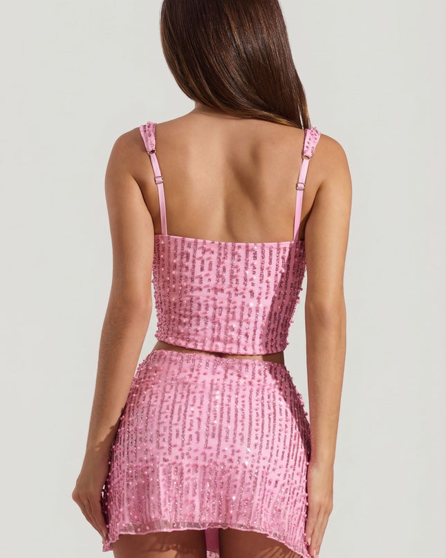Pink Embellished Low-Rise Mini Skirt