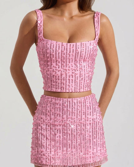 Pink Embellished Low-Rise Mini Skirt