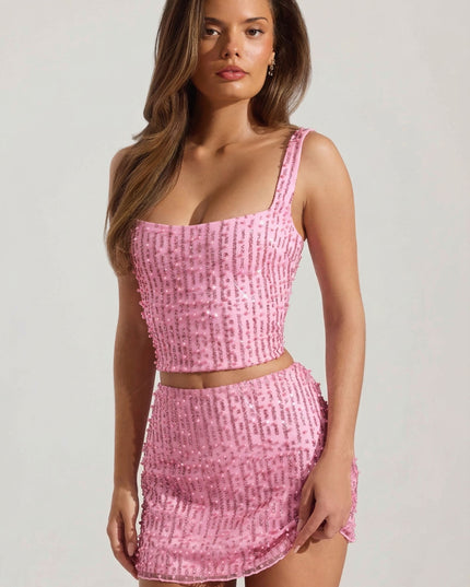 Pink Embellished Low-Rise Mini Skirt