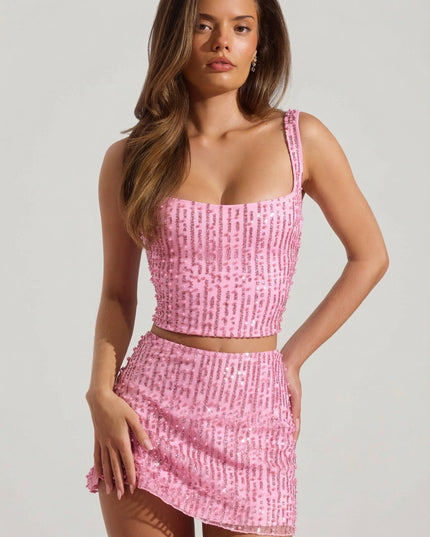 Pink Embellished Low-Rise Mini Skirt