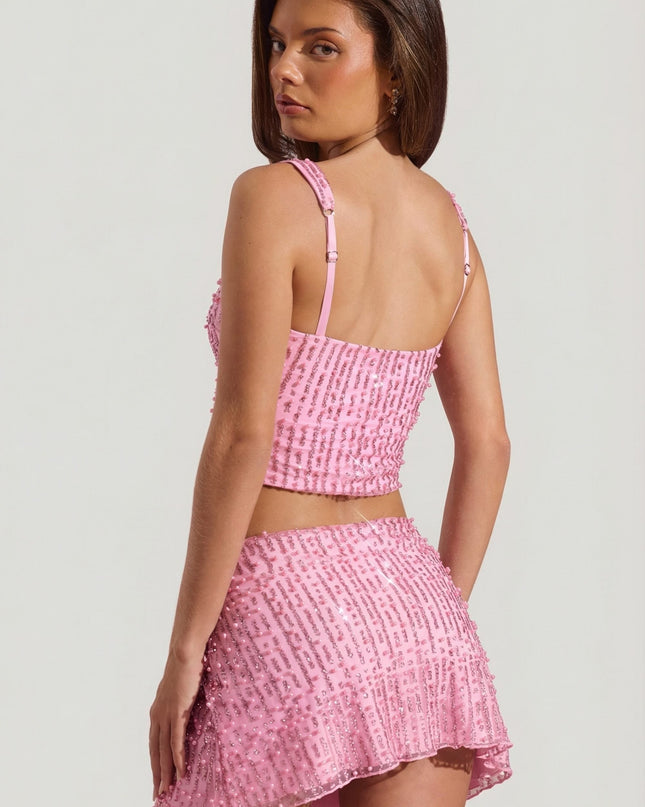 Pink Embellished Low-Rise Mini Skirt