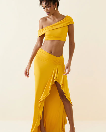 Golden Yellow Asymmetric Ruffled Low-Rise Maxi Skirt