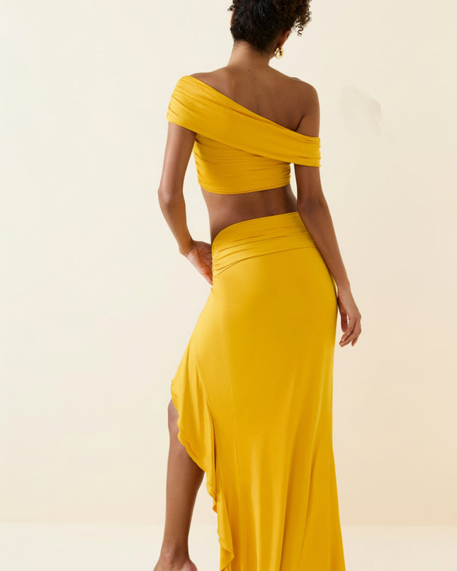 Golden Yellow Asymmetric Ruffled Low-Rise Maxi Skirt