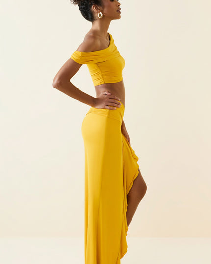 Golden Yellow Asymmetric Ruffled Low-Rise Maxi Skirt
